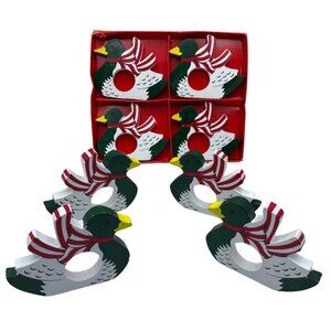 Set Of 4 Vintage Wooden Duck Napkin Rings With Red White Striped Scarves